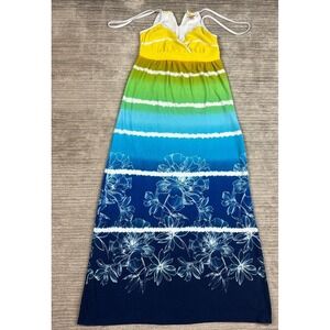 Mossimo Dress‎ Womens S Blue Yellow Ombre Floral Maxi Halter V-Neck Summer Boho